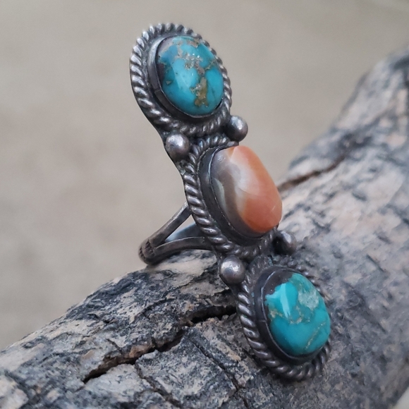 Native American Turquoise Spiny Oyster Sterling Silver Ring Sz 7 - Picture 9 of 12